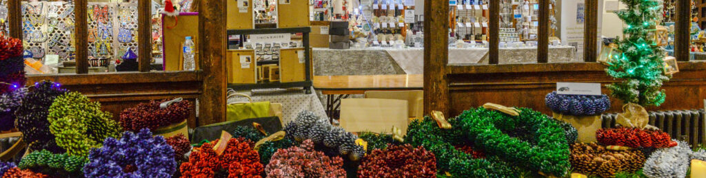 Christmas Wreaths on a table at Woodstock Festive Fayre