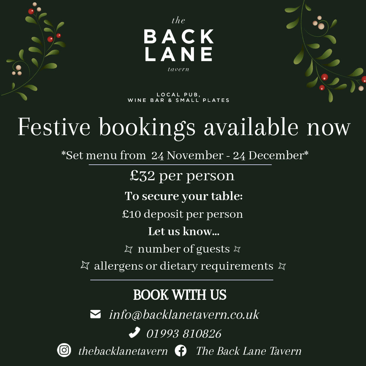 Details of Festive Season at The Back Lane Tavern